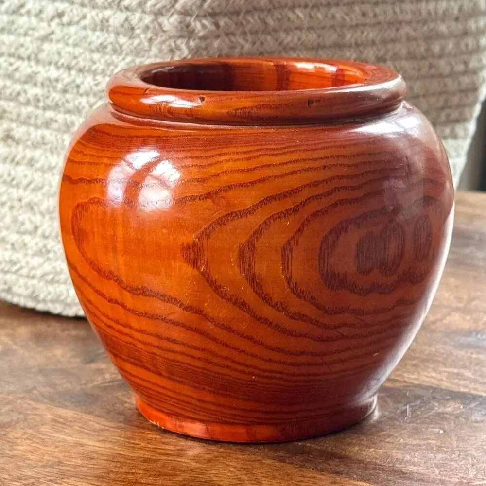 Vintage Hand Turned Wood Vase Lacquered Handmade Rustic Planter Glossy 5” - Picture 1 of 9
